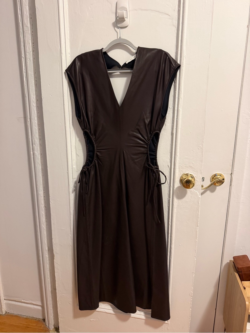 Astr Chocolate Brown Faux-Leather V-Neck Midi Dress with Side Ruching